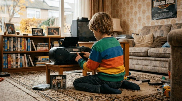 Jongen luistert naar een cd op een oude radio in een nostalgische woonkamer vol videobanden en familiefoto's.