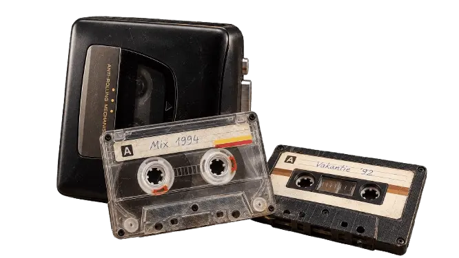 Draagbare cassettespeler met twee audiocassettebandjes