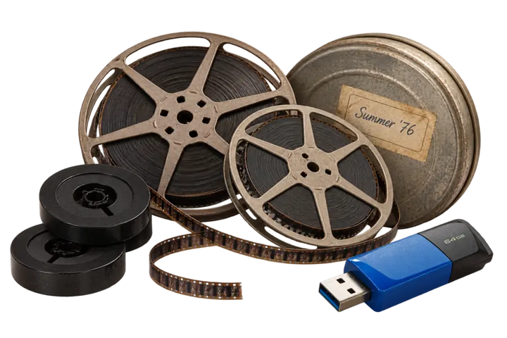 Super8- en 8mm-filmspoelen met een filmblik en een USB-stick
